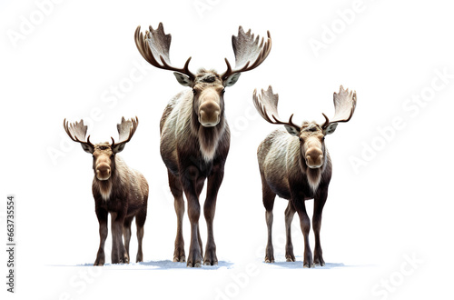 Image of family group of mooses on white background. Wildlife Animals. Illustration, Generative AI.