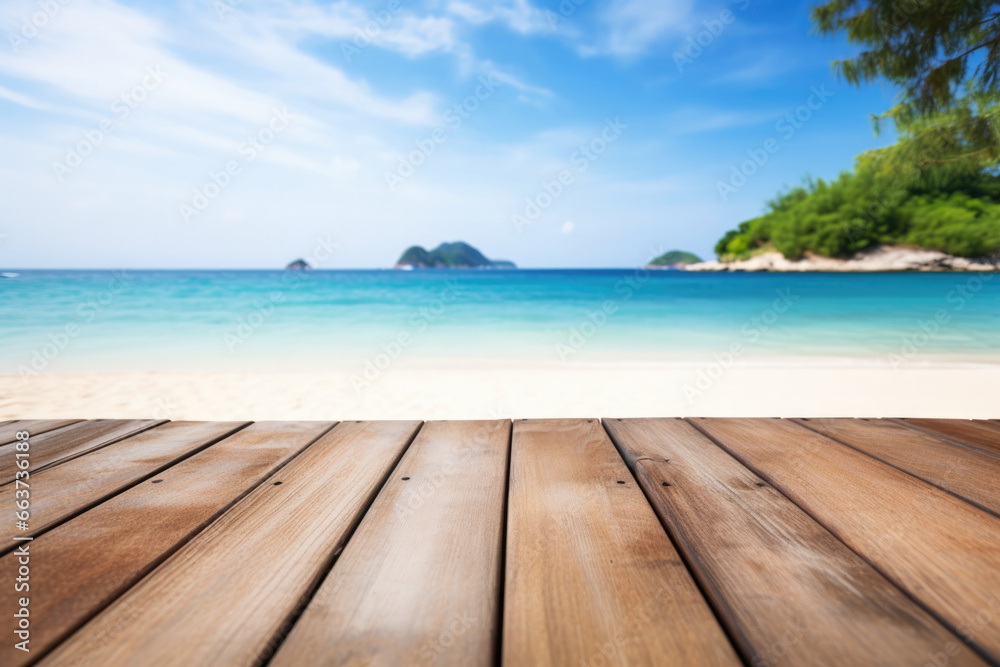 empty wooden table on the background of the beach and beautiful sea, island