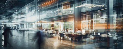 Motion blur panorama, the interior of an office space area with glass windows