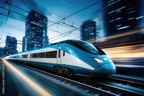 a long high-speed train travels at high speed around city, moving fast, skyscrapers, motion blur, night time