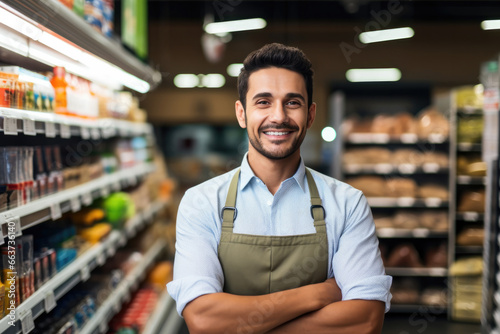 Young male grocery store assistant with crossed arms in supermarkt, smiling at camera