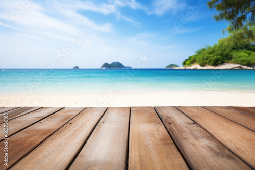 empty wooden table on the background of the beach and beautiful sea, island