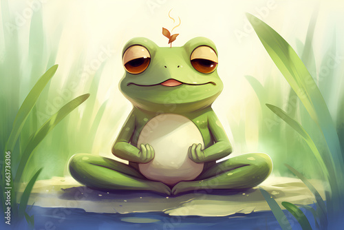 Childish Cartoon Illustration of Cute Frog Meditating on water generative AI