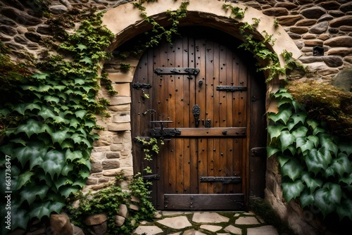 old wooden door in stone wall