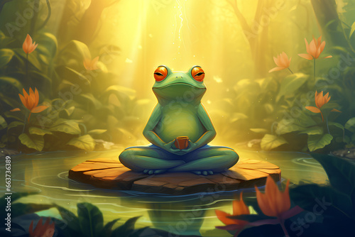 Childish Cartoon Illustration of Cute Frog Meditating on water generative AI
