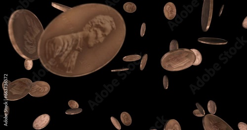 Cloud of dollar pennies coins passing