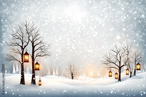 winter landscape with trees and lanterns hanging on trees © Nature Lover