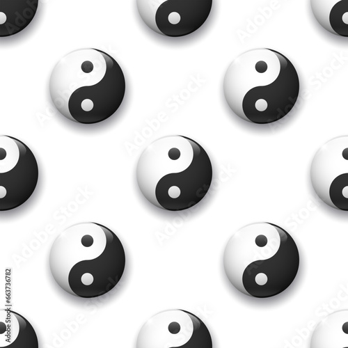 Realistic glossy spheres with yin yang symbol. Vector 3d elements on white background. Best for textile, mobile apps, UI and your design.