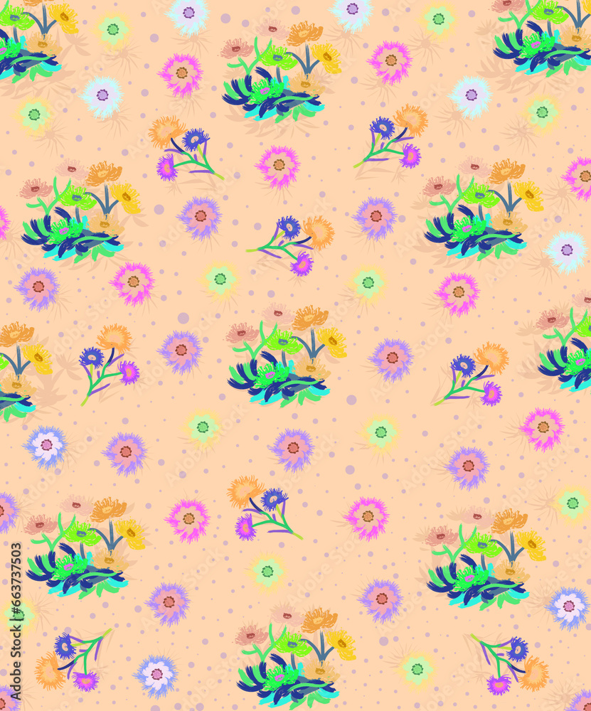 Abstract hand drawn flower art seamless pattern illustration. Acrylic paint nature floral background in vintage art style. Spring season painting print.