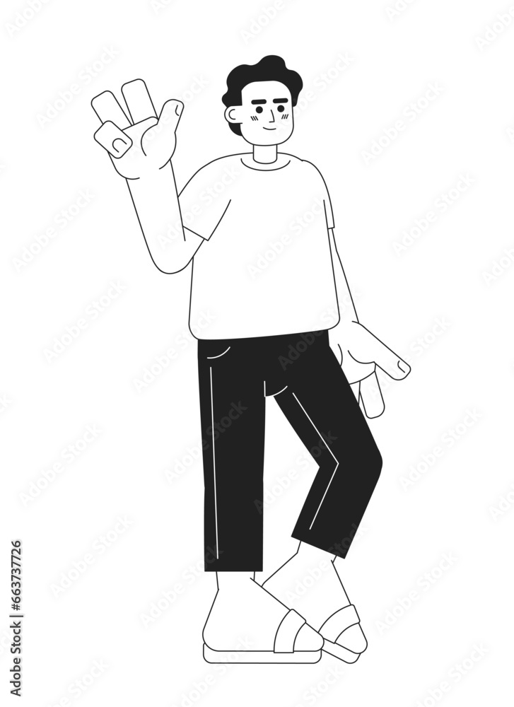Joyful muslim man monochromatic flat vector character. Peace sign. Hand gesture. Editable thin line full body person on white. Simple bw cartoon spot image for web graphic design Joyful muslim man monochromatic flat vector character. Peace sign. Hand gesture. Editable thin line full body person on white. Simple bw cartoon spot image for web graphic design