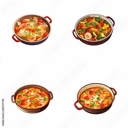 set of brazilian moqueca watercolor illustrations for printing on baby clothes, pattern, sticker, postcards, print, fabric, and books