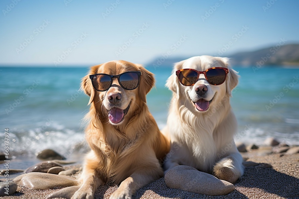 A pair of stylish canines having fun under the sun at the shoreline with shades on. Generative AI