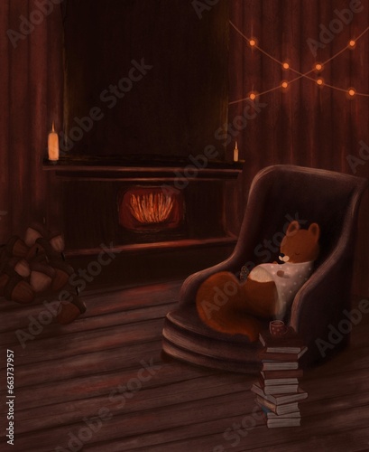 Forest animal chubby fat squirrel sleeping in arm chair next to a fireplace. Cute cozy home illustration, autumn vibes and warm colors. Cute animals wallpaper illustration for kids. Art for children photo