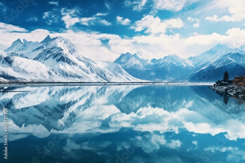 Beautiful calm lake mirroring snow-capped mountains. Generative AI