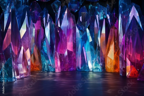 Vibrant fractured crystal backdrop with a mirrored illusion. Generative AI