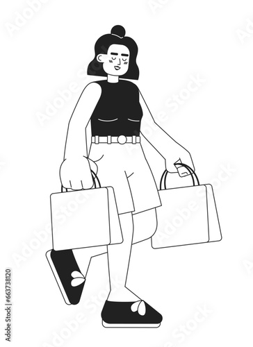 Happy latina girl going shopping monochromatic flat vector character. Holding shopping bag. Positive. Editable thin line full body person on white. Simple bw cartoon spot image for web graphic design