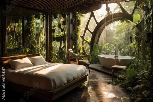 Eco green boho style interior of hotel room in bungalow in jungle © Dina
