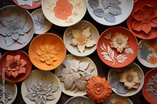 floral clay plates handmade design. Artisanal manufacturing. photo