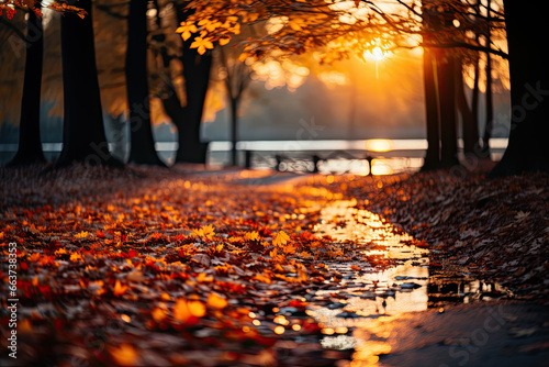 Fallen leaves from trees on the ground in puddles near the path with a blurred park and a river in the background and the sun breaking through the trees in autumn