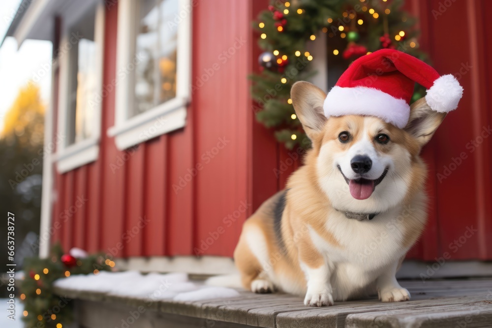 Adorable corgi dog, dressed in festive Christmas costume, sit on the snowy porch of a cozy house, spreading holiday cheer on a sunny frosty day.