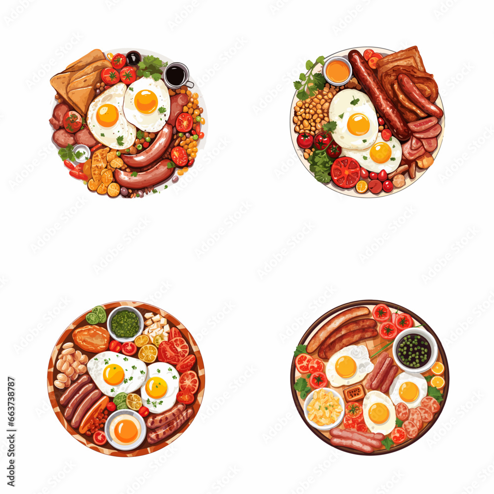 set of full english breakfast watercolor illustrations for printing on baby clothes, pattern, sticker, postcards, print, fabric, and books