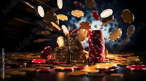 Casino Chips falling with dramatic lighting