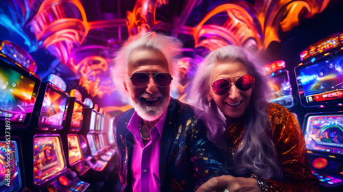 Elderly man and woman in colorful casino surrounded by slot machines and colorful lights