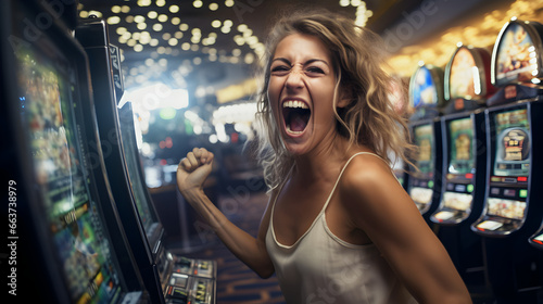 Girl celebrates her win at a slot machine game in casino © Trendy Graphics