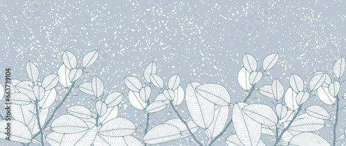 Winter light blue botanical background with branches and leaves and snow. Vector background for cards, wallpapers, covers and presentations.