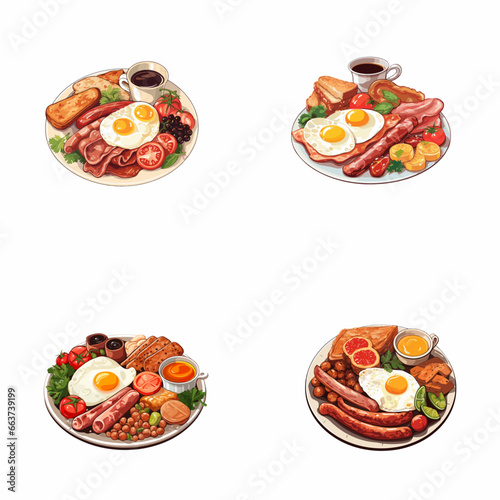 set of full english breakfast watercolor illustrations for printing on baby clothes, pattern, sticker, postcards, print, fabric, and books