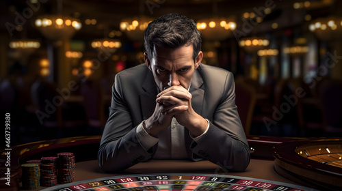 Man with folded hands depressed at losing in casino game
