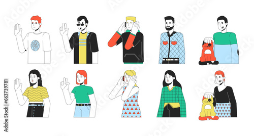Caucasian young adult 2D linear cartoon characters set. European millennial isolated line vector people white background. Peace sign, hi welcome, music headphones color flat spot illustration bundle