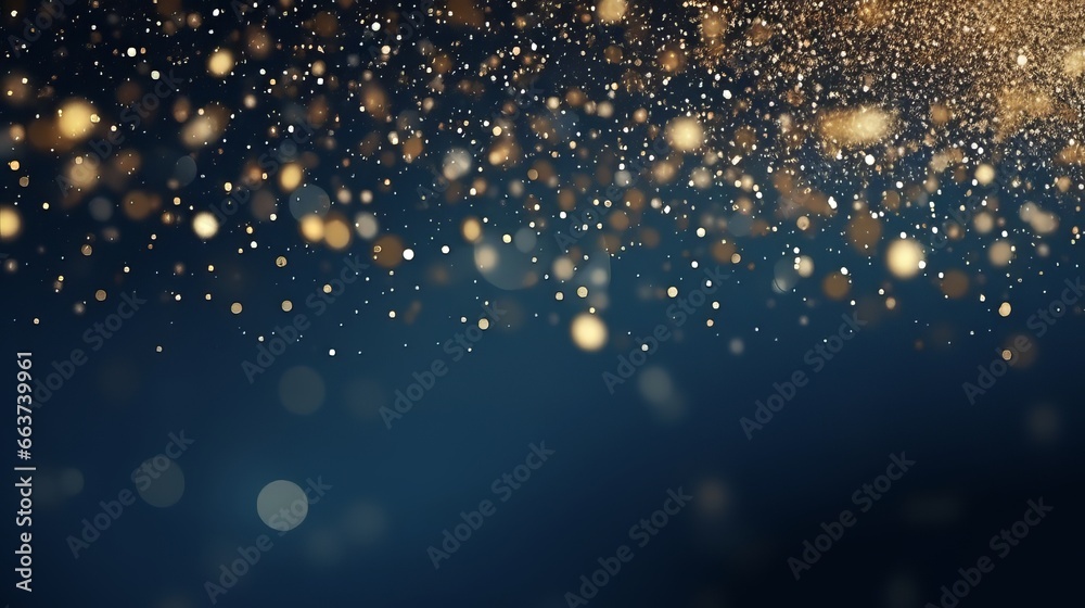 abstract background with Dark blue and gold particles. Christmas Golden light shine particles bokeh on a navy blue background. Gold foil texture. Holiday concept.