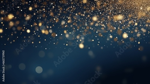 abstract background with Dark blue and gold particles. Christmas Golden light shine particles bokeh on a navy blue background. Gold foil texture. Holiday concept.