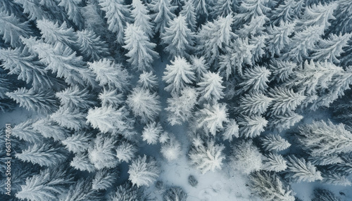 drone photo of snow covered evergreen tree