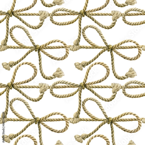 Seamless pattern of watercolor rope cords with bow knots. Hand drawn illustration. Hand painted realistic elements on white background.