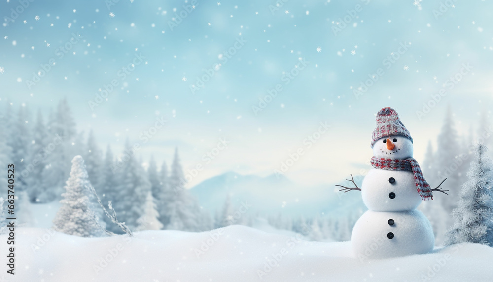 panoramic view of happy snowman in winter panoramic view of happy snowman in winter