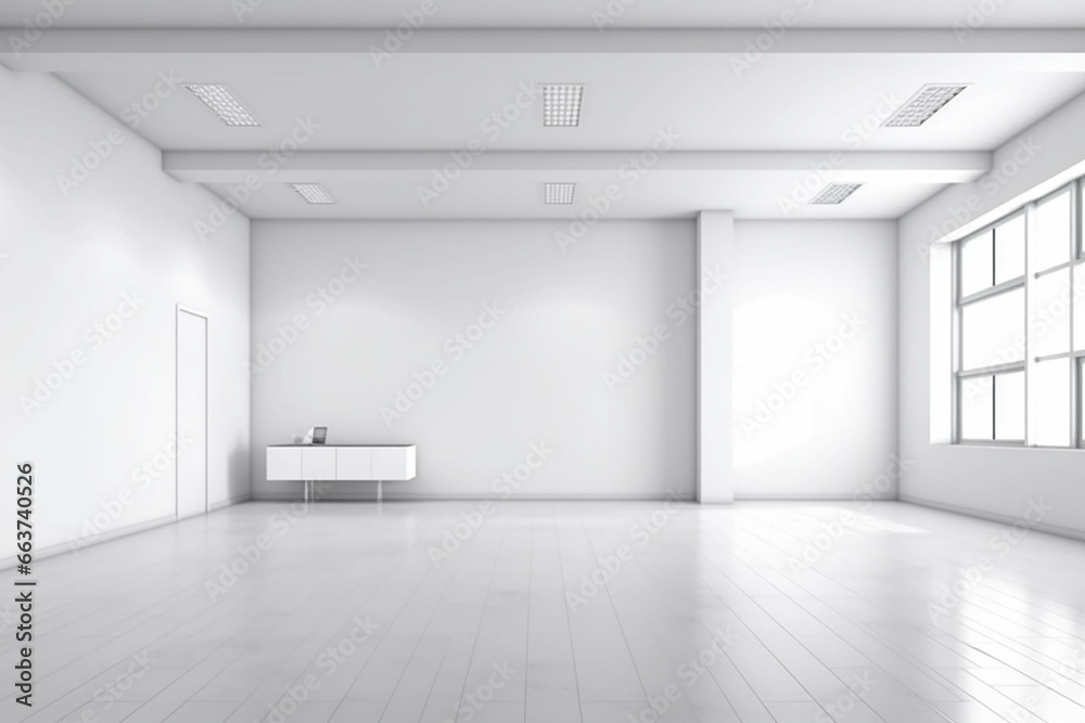 Vacant room with a blank white wall for your logo. Office space featuring a floor wall to display corporate items. 3D office rendering. Generative AI