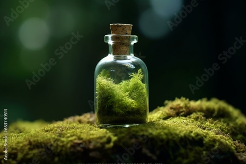 Unlabelled bottle on moss. Generative AI