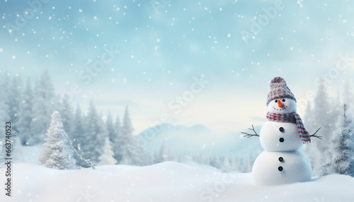 panoramic view of happy snowman in winter © shahzaib