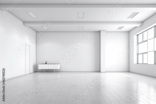 Vacant room with a blank white wall for your logo. Office space featuring a floor wall to display corporate items. 3D office rendering. Generative AI © Stevie