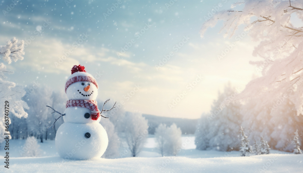 panoramic view of happy snowman in winter