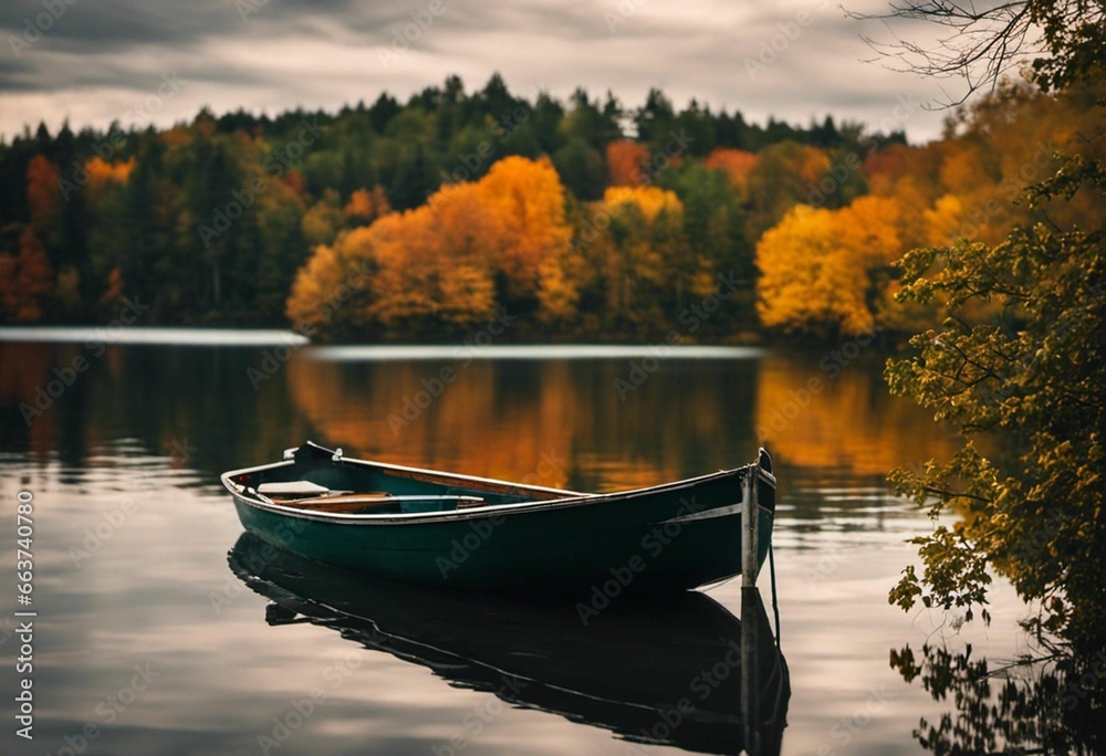 the boat is floating alone on the lake in autumn time