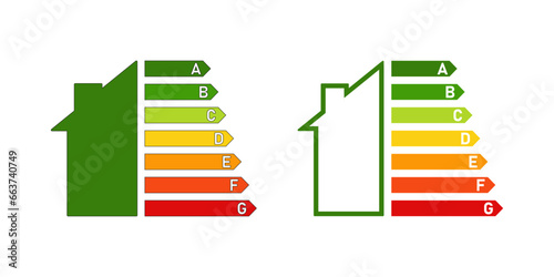 Energy efficiency rating label. Green energy european union symbol. Electricity, certificate of epc. Outline, flat and colored style icon for web design. Vector illustration.