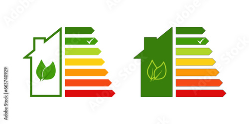 Energy efficiency rating icon. Energy saving class symbol. Electricity, eco friendly, low consumption eco house. Outline, flat and colored style icon for web design. Vector illustration.