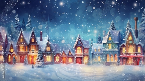 Christmas village with Snow in vintage style. Winter Village Landscape. Christmas Holidays. Christmas Card. Illustration