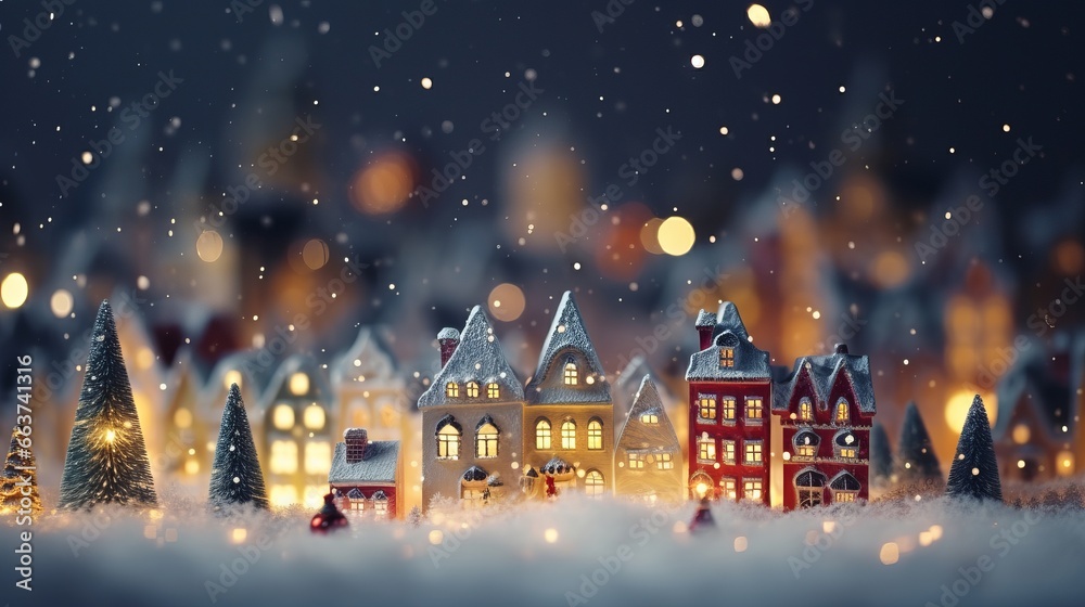 Christmas village with Snow in vintage style. Colored houses. Winter Village Landscape. Christmas Holidays. Christmas Card. Miniature