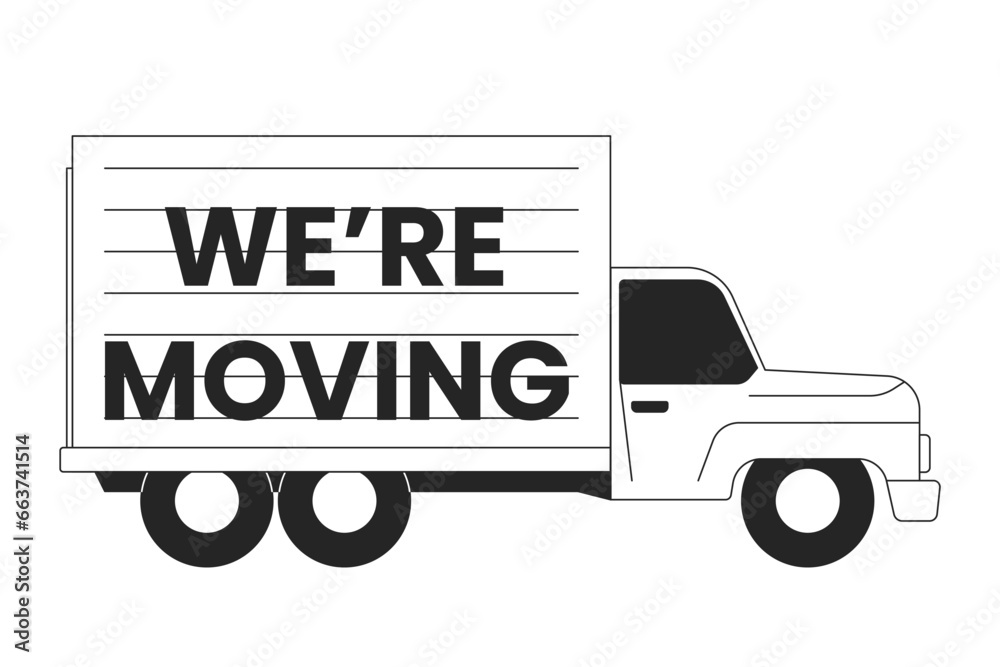 Moving truck black and white cartoon flat illustration. Were moving. Shipping professional cargo van 2D lineart object isolated. Relocation, delivery transport item monochrome vector outline image Moving truck black and white cartoon flat illustration. Were moving. Shipping professional cargo van 2D lineart object isolated. Relocation, delivery transport item monochrome vector outline image