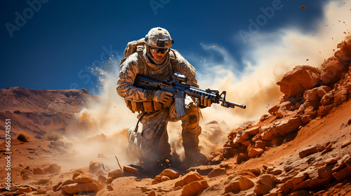 A soldier in a deserted rocky area is on one knee with a rifle in his hands. Behind the dust and sand photo