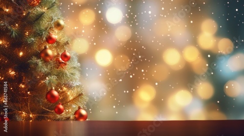 Christmas tree close up with glowing lights, Christmas light shine particles bokeh. Holiday concept. Copy space